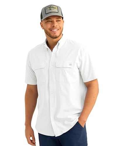 HUK Mens Next Level Solid Short Sleeve Fishing Button Down Shirt for Men, White…