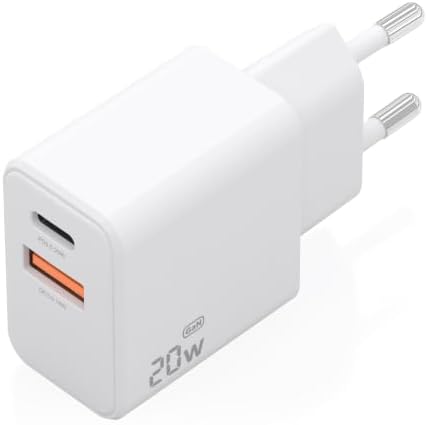 GAN Chargeur 20W, 1x USB-C PD3.0, 1x USB-A QC3.0, Blanc