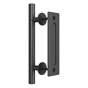 SMARTSTANDARD Heavy Duty 12″ Pull and Flush Barn Door Handle Set, Large Rustic Two-Side Design, for Gates Garages Sheds Furniture, Solid Steel Material, Round, Black