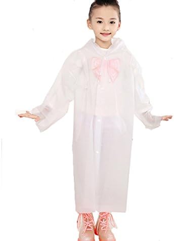 QHUMO Portable Kids Rain Poncho for Boys and Girls, EVA Reusable Unisex Children Drawstring Raincoat with Hood and Sleeves for Disney Travel(WHITE)