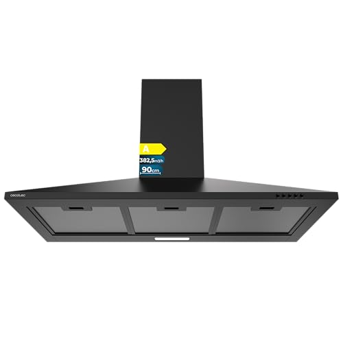 Cecotec Campana Extractora Piramidal 90 cm Bolero Flux PM 904000 Black A. Acabado Pintado Negro, Succión 382,5 m³/h, 3 Velocidades, Filtros de Carbono Incluidos, Clase A, Motor BLDC y Luz LED