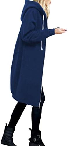 Women Zipper Coat Among Warm Hoodies Slim Sweatshirt Long Solid Pocket Jacket Windproof Tops Outwear Blouse Clothes (L, Blue)