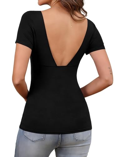 T-Shirt Donna con Scollo Quadrato a Maniche Corte Senza Schienale Slim Fit Basic Shirt Elegante Top Y2K 2026 Top Nero M