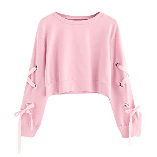 Women's Cropped Sweatshirts Solid Color Long Sleeve Crop Tops Pullover O Neck Blouse (XS, Pink 1)