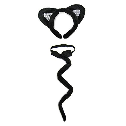 Deluxe Black Plush Sequin Cat Ears & Long Tail Costume Set ~ Halloween Fun Kit