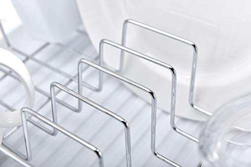 VCCUCINE Modern Kitchen White Chrome Metal Wire Dish Drying Rack, Dish Rack with Drainboard and Cutlery Cup Utensil Organizer Holder