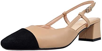 Nine Seven Genuine Leather Women's Square Cap Toe Mid Chunky Heel Graceful Handmade Buckle Fashion Sling Back Women Dorsay Pump Shoes