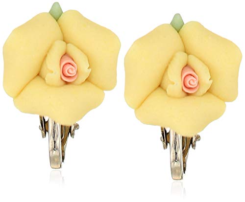 1928 Jewelry Pendientes de clip de rosa de porcelana en tono plateado amarillo para mujer con centro rosa
