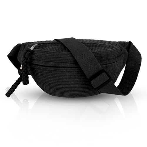 Maxmoc Bum Bag Corduroy Crossbody Bag Shoulder Bag for Men and Women | Black Fashionable Belt Bag with Shoulder Strap Adjustable for Outdoor Sports, Travel, School, Work