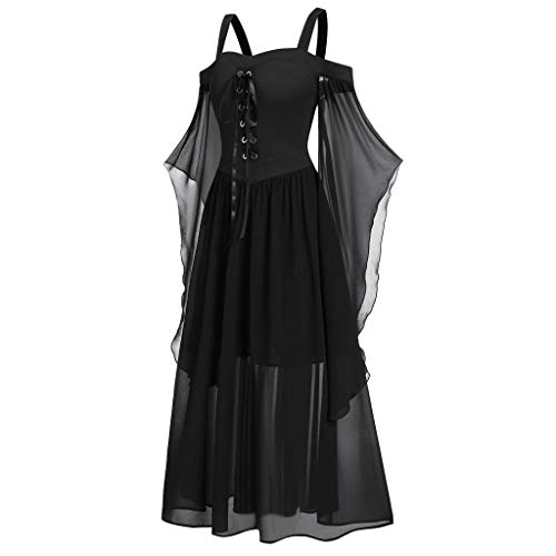【US Stock】YLLQXI Womens Goth Dress Plus Size Cold Shoulder Tie Front Lace Sleeve Halloween Dresses Fashion Lace up Vintage Gothic Dresses