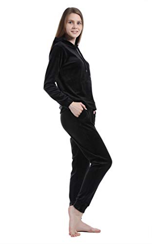 Dolcevida Women's Active Solid Velour Tracksuit Zip up Hoodie & Pullover Sweatshirts and Sweat Pant Sweatsuit (Black-Pullover, XXL)
