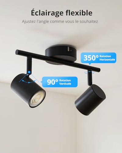 Gr4tec LED Ceiling Light with 2 Adjustable Spotlights, Modern Black Ceiling Spotlight, GU10 Spotlights and Rails, Indoor Wall Light for Kitchen, Bedroom, Hallway, Without Bulb
