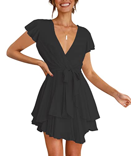 FLYBONY WOMENS SHORT SLEEVE V NECK BLACK COCKTAIL DRESS TIE WAIST RUFFLE MINI SWING SKATER DRESSES