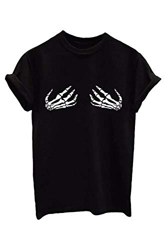 COSMOVIE Adult Skeleton Hands On Boobs T Shirt Halloween Costumes Black Horror Tees Unisex