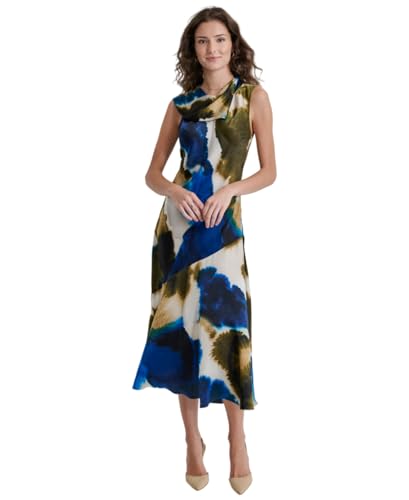 DKNY Women's Sleeveless Printed Tie Neck, Exploded Ink Swirl, X-Large