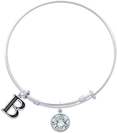 Jenaforte © .925 Sterling Silver Expandable Charm Bangle Birthstone &amp; Initial Charms B-APR