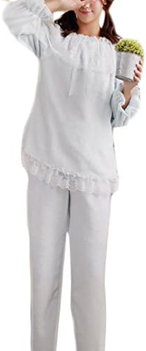 Smallwin Womens Flannel Lace Splice Sleepwear Fleece Pajama Set Light Blue One-Size
