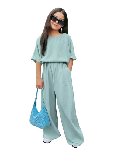 RoseSeek Girl's 2 Piece Casual Linen Summer Outfits Oversize Half Sleeve T Shirt and Wide Leg Pants Light Mint Green 13Y at Amazon
