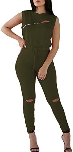 Women's Sleeveless Broken Hole Tie Waist Long Pants Jumpsuit Clubwear