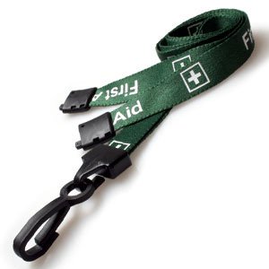 25 Green First Aid Lanyards with Safety Breakaway and Plastic Clip