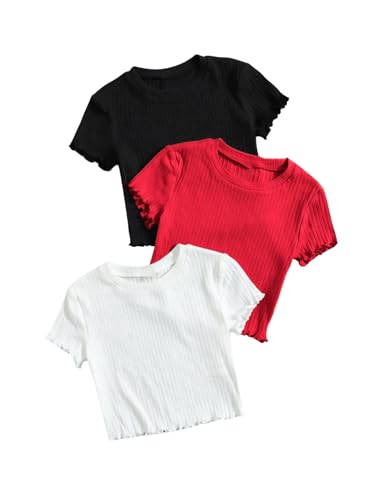 OYOANGLE Girl's 3Pcs Rib-Knit Short Sleeve Crew Neck Lettuce Trim Crop Top at Amazon
