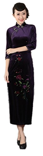 AvaCostume Women's Pleuche 3/4 Sleeve Peony Gorgeous Qipao Maxi Dress