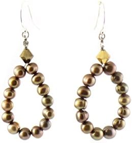 Beaded Hoop Earrings with Bronze Freshwater Pearls and Swarovski Crystals | June Birthstone Earrings | Mother's Day Gift