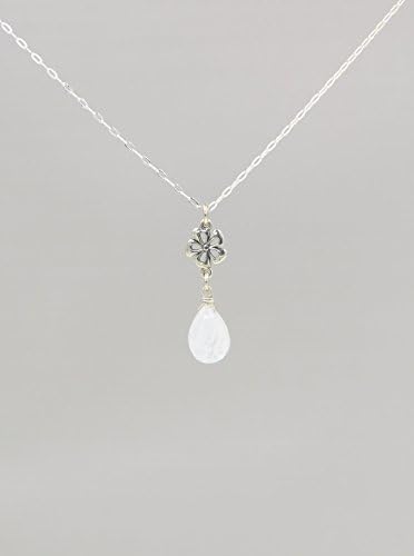 LND Handmade Moonstone Necklace, June Birthstone Jewelry, Gemstone, Pendant, Rainbow, Gift For Birthday, Wedding, Christmas, Mothers Day, 925 Sterling Silver, 18 Inch Chain (White - Flower)