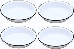 Lucaro Set of 4 Traditional 18 CM White Enamel Circular Pie Dish Roasting Baking, Pies Dishes White Vintage Design, Suitable for Oven and Stove, Dishwasher Safe, Tray, Tin