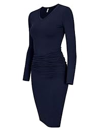 Vestido ajustado a media pierna con cuello en V y manga larga con cuello en V de Missufe para mujer