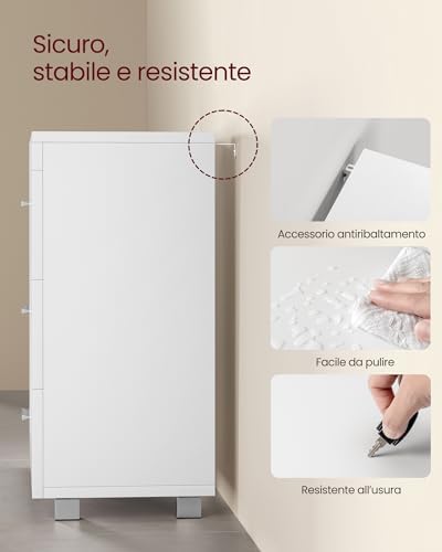 Mobile Sottolavabo per Bagno, Mobiletto da Bagno, 3 Cassetti Laterali, 2 Scomparti dietro l'Anta, per Lavabi con Colonna, con Piedini, 30 x 70 x 64 cm, Bianco Nuvola BBK504W01
