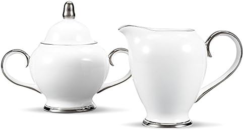 NDHT Bone China Ceramic Sugar and Creamer Serving Set with Milk Jug and Sugar Pot For Coffee and Tea,White And Silver r Edge