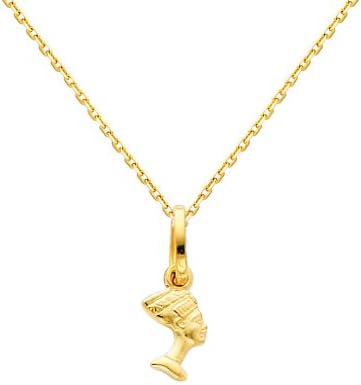 GM Fine Jewelry 14k Yellow Gold Queen Nefertiti Charm Pendant with 0.9mm Oval Angled Cut Rolo Cable Chain Necklace