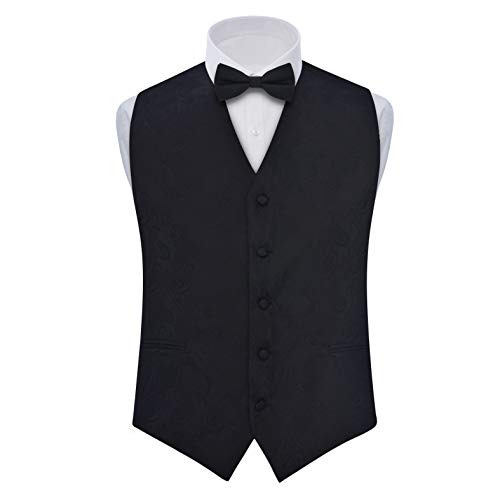 S.H. Churchill & Co. Men's 4 Piece Paisley Vest Set, with Bow Tie, Neck Tie & Pocket Hanky - L, Black - Thumbnail 2