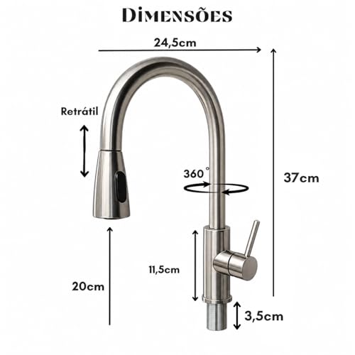 Torneira Gourmet Inox 360° com Mangueira Retrátil 45cm – Dois Modos de Água para Cozinha Spray e Chuveiro - Design Moderno, Rápida Instalação e Alta Durabilidade