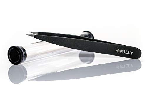 Pointed Tweezers | Stainless Steel | Perfectly Aligned Hand-Filed Point Tip Precision Tweezers | Tweezers for Ingrown Hair, Eyebrows, Facial Hair, Splinters, Ticks and Glass Removal | Black