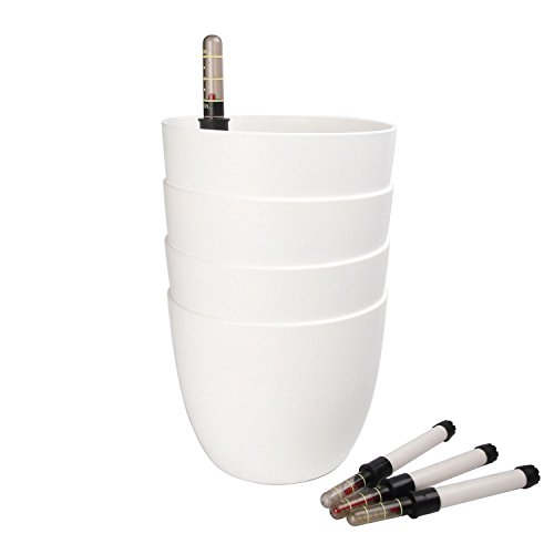 T4U 6" Plastic Self Watering Planter with Water Level Indicator White Set of 4, Modern Decorative Planter Pot for All House Plants, Flowers, Herbs, African Violets, Succulents