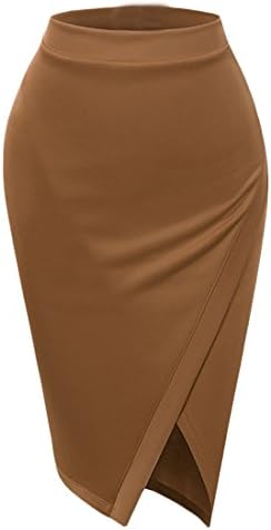 SELX Women's Fashion Solid Elastic Waist Slit Work Midi Pencil Skirt Camel US L