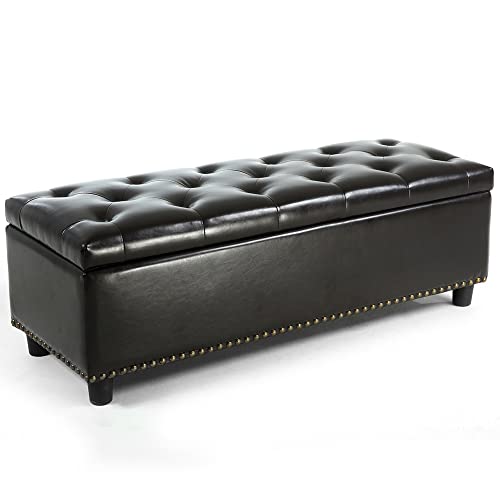BELLEZE 47 Inch Storage Ottoman, Tufted Ottoman Faux Leather Storage