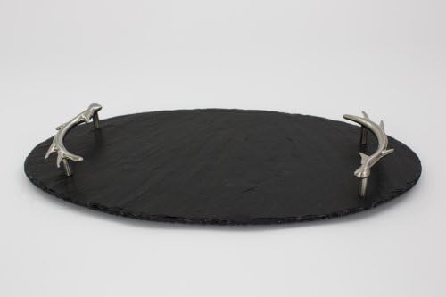 Oval Natural Slate Serving Tray with Antler Handles by The Just Slate Company