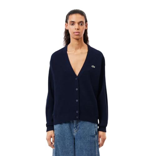 Lacoste Women’s V Neck Wool Cardigan, Navy Blue, 2