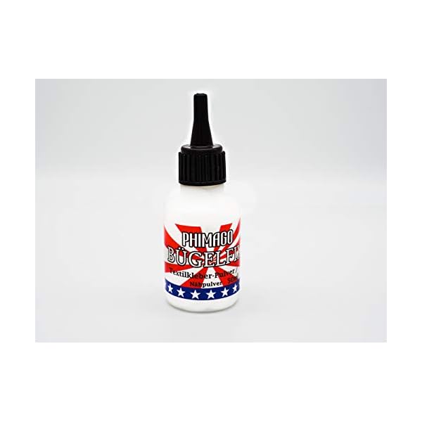 PHIMAGO Bügelfix ® 1 x 50ml Nähpulver BZW. Textilkleber Pulver inkl. Präzisionsstreuer - Flickpulver (nach dem Bügeln…