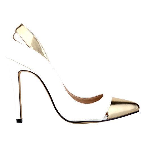 Loslandifen Womens Closed Pointed Toe High Heels Mix Gold Leather Pumps(302-1PingJin42,white)