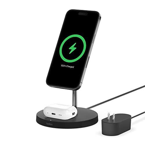Belkin MagSafe 2-in-1 Wireless Charging Stand for Apple iPhone 17, iPhone 16, iPhone 15, iPhone 14 Series & AirPods - MagSafe Fast Charging Station for Multiple Devices - Black (Certified Refurbished) Image