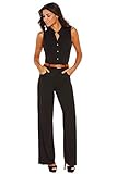 Roswear Women's Sexy Plunge V Neck Belted Wide Leg Jumpsuits Dress
