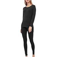 Macondoo Women Round Neck Stretch 2 Pieces Bamboo Fiber Thermal Underwear Sets Black L