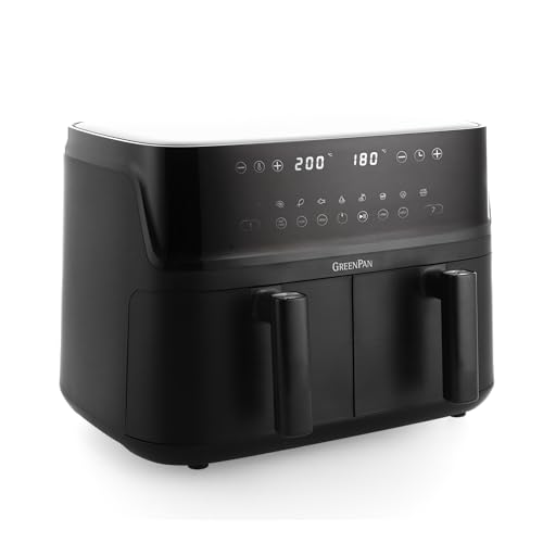 GreenPan Switch Horno Air Fry XL 9 en 1, 2 cestas para freír (2 x 5 L), cesta antiadherente, calentamiento rápido, programas multifunción, apagado automático, pantalla LED, mango tacto frío, Sin PFAS