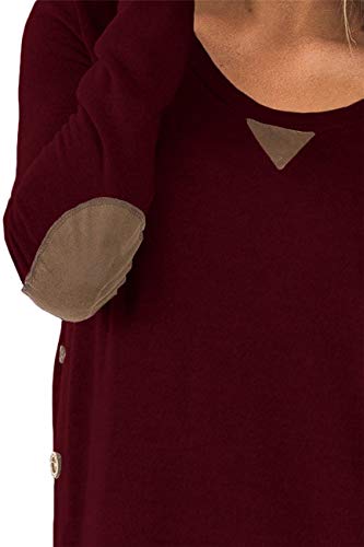 HARHAY Women's Long Sleeve Faux Suede Casual Blouse Tunic Shirt Tops Wine Red M