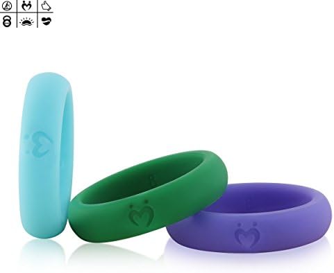 Siliringz Silicone Wedding Ring for Women, Love Mates Series Silicone Rings, Optimizing Surface, Edge Trimmed Completely, 3 Rings Pack (5, Aqua, Forest Green, Lavender Indigo)