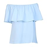 BLDO Women's Ruffles Off Shoulder Solid Chiffon Blouse Crop Top (L, Skyblue)